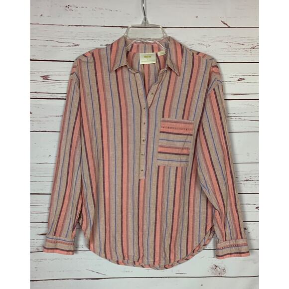 MAEVE By Anthropologie Women's S Small Pink Purple Stripe Button Long Sleeve Top - Picture 1 of 13